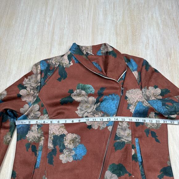 Elie Tahari Faux Leather Brown Hydrangea Floral Print Boho Chic Moto Jacket XL - Picture 14 of 16